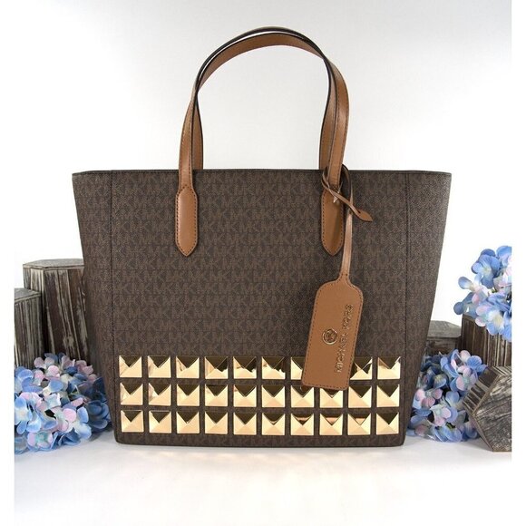 Michael Kors Brown Monogram Acorn Leather Sinclair Large Studded Tote Bag NWT - Picture 1 of 8